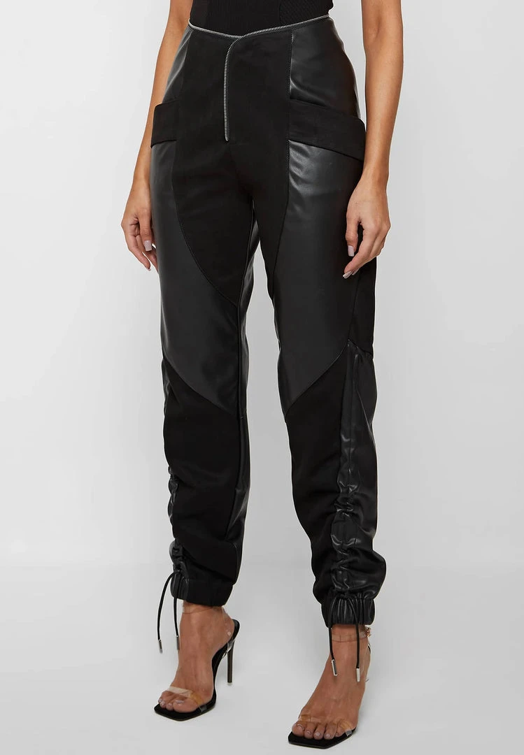 Woman Trousers Zip Detail Vegan Suede & Leather Trousers - Black
