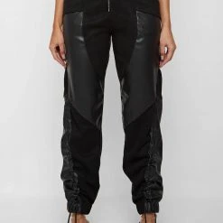Woman Trousers Zip Detail Vegan Suede & Leather Trousers - Black