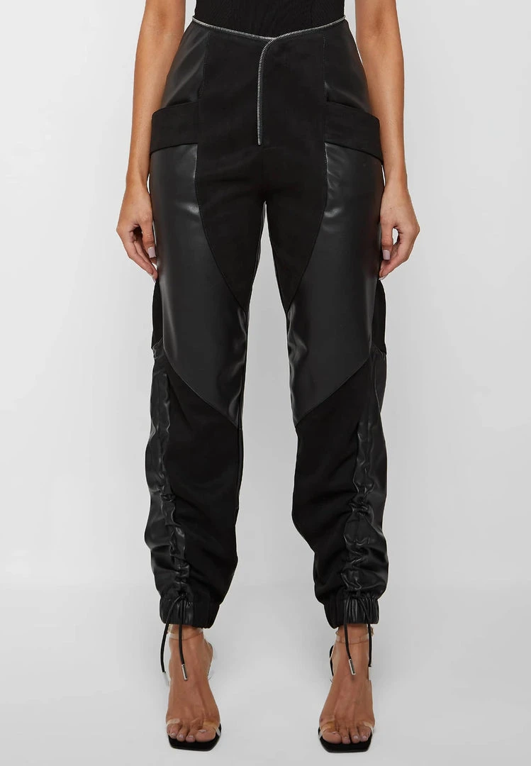 Woman Trousers Zip Detail Vegan Suede & Leather Trousers - Black