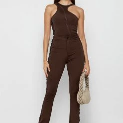 Woman Tops Asymmetric Ruched Side Bodysuit - Chocolate Brown BODYSUITS