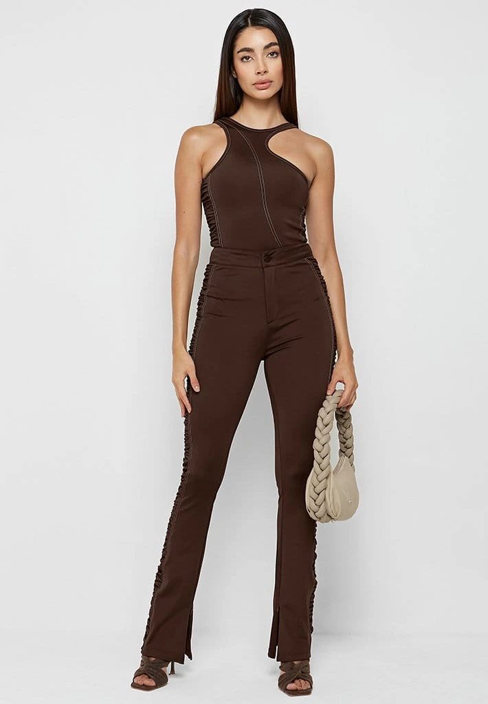 Woman Tops Asymmetric Ruched Side Bodysuit - Chocolate Brown BODYSUITS