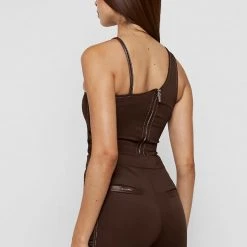 Woman Tops Asymmetric Ruched Side Bodysuit - Chocolate Brown BODYSUITS