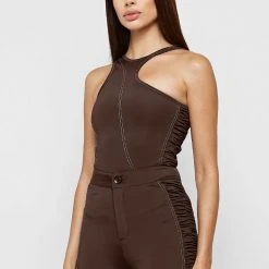 Woman Tops Asymmetric Ruched Side Bodysuit - Chocolate Brown BODYSUITS