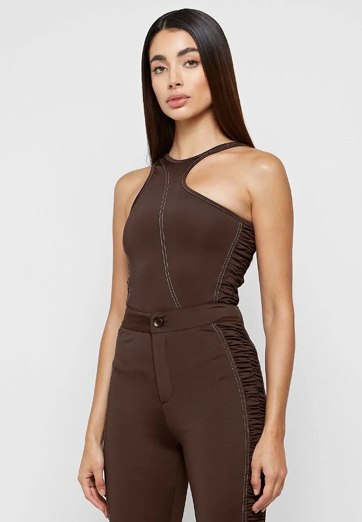 Woman Tops Asymmetric Ruched Side Bodysuit - Chocolate Brown BODYSUITS