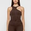 Woman Tops Asymmetric Ruched Side Bodysuit - Chocolate Brown BODYSUITS