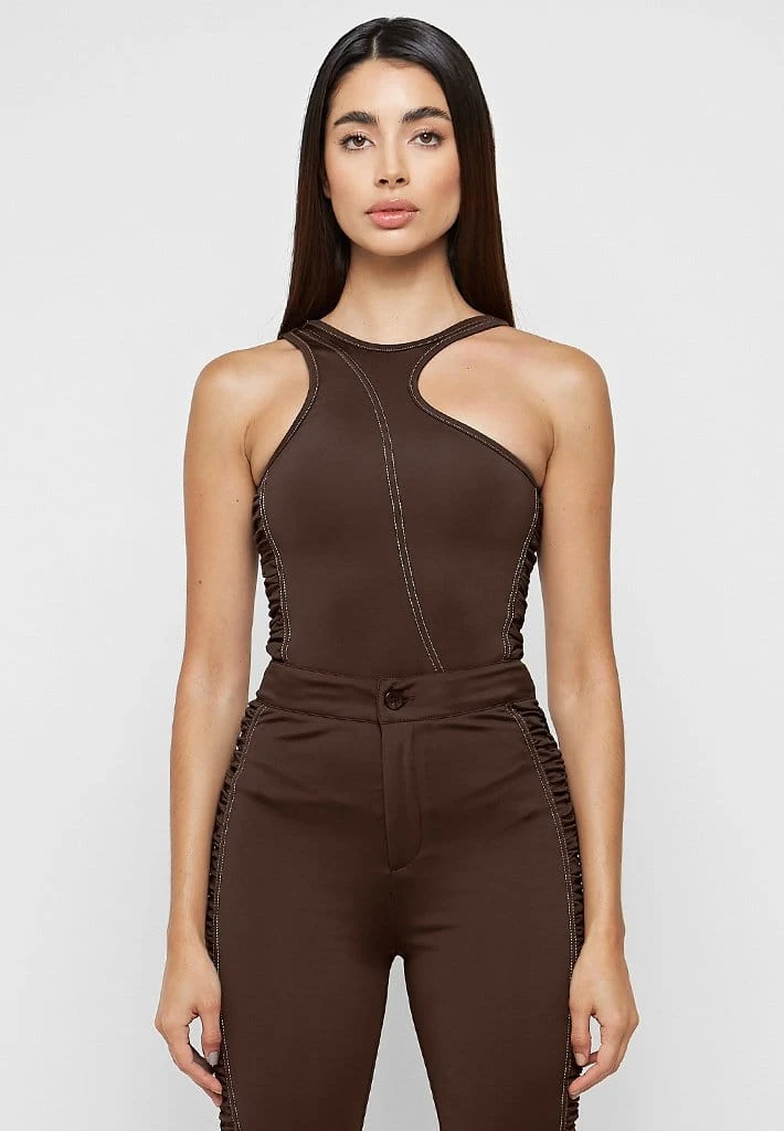 Woman Tops Asymmetric Ruched Side Bodysuit - Chocolate Brown BODYSUITS