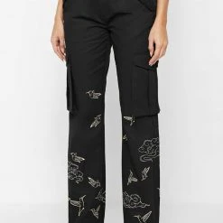 Woman Trousers Birds And Clouds Cargo Pants - Black