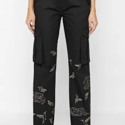 Woman Trousers Birds And Clouds Cargo Pants - Black