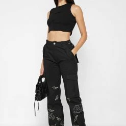 Woman Trousers Birds And Clouds Cargo Pants - Black