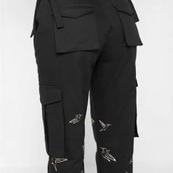 Woman Trousers Birds And Clouds Cargo Pants - Black