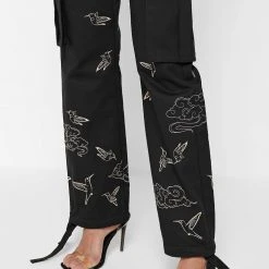 Woman Trousers Birds And Clouds Cargo Pants - Black