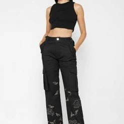 Woman Trousers Birds And Clouds Cargo Pants - Black