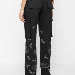 Woman Trousers Birds And Clouds Cargo Pants - Black