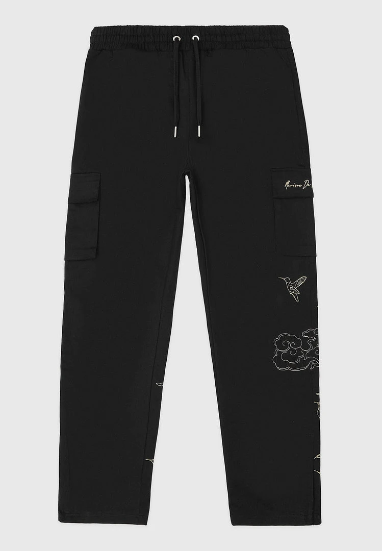 Man Casual Trousers Birds And Clouds Cargo Pants - Black