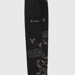 Man Casual Trousers Birds And Clouds Cargo Pants - Black