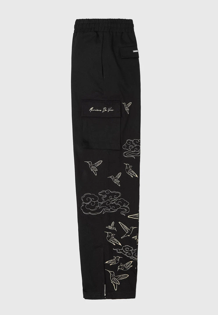Man Casual Trousers Birds And Clouds Cargo Pants - Black