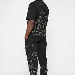 Man Casual Trousers Birds And Clouds Cargo Pants - Black