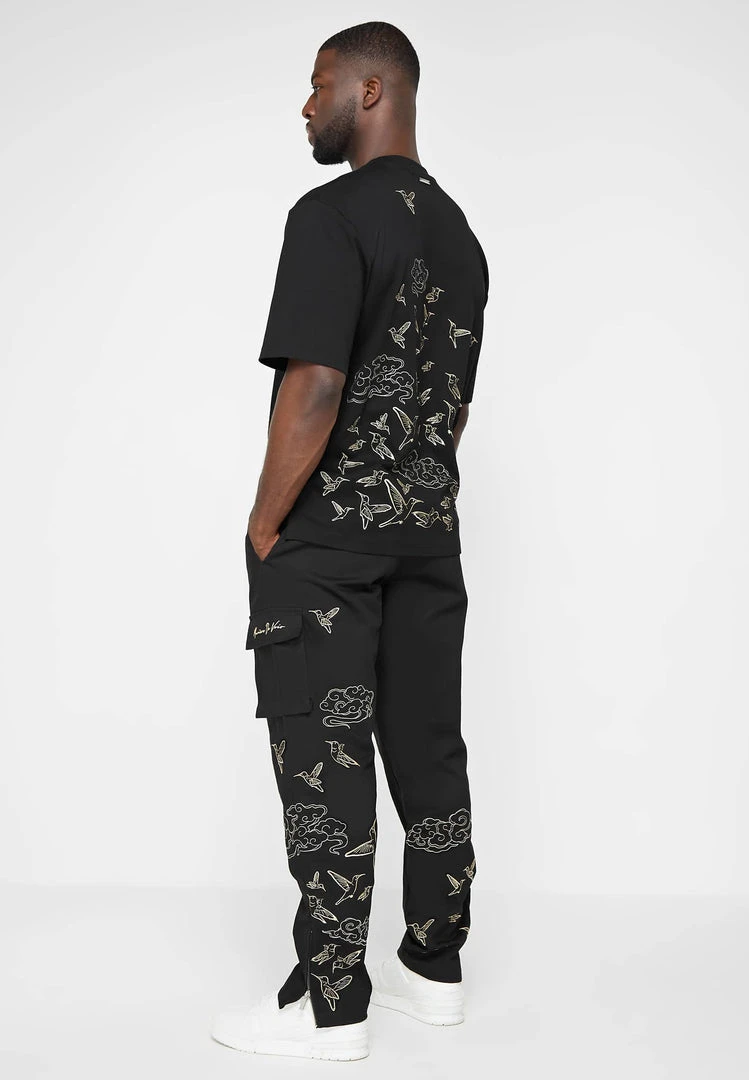 Man Casual Trousers Birds And Clouds Cargo Pants - Black