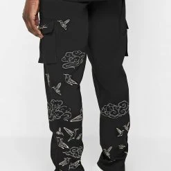 Man Casual Trousers Birds And Clouds Cargo Pants - Black