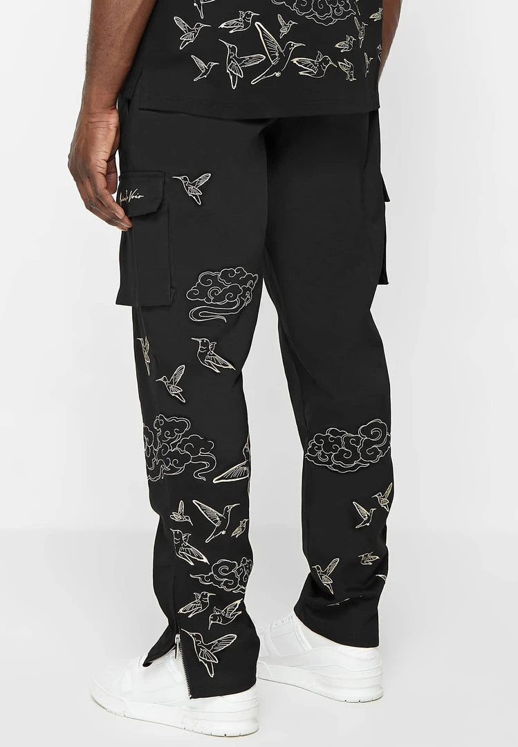 Man Casual Trousers Birds And Clouds Cargo Pants - Black