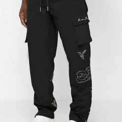 Man Casual Trousers Birds And Clouds Cargo Pants - Black