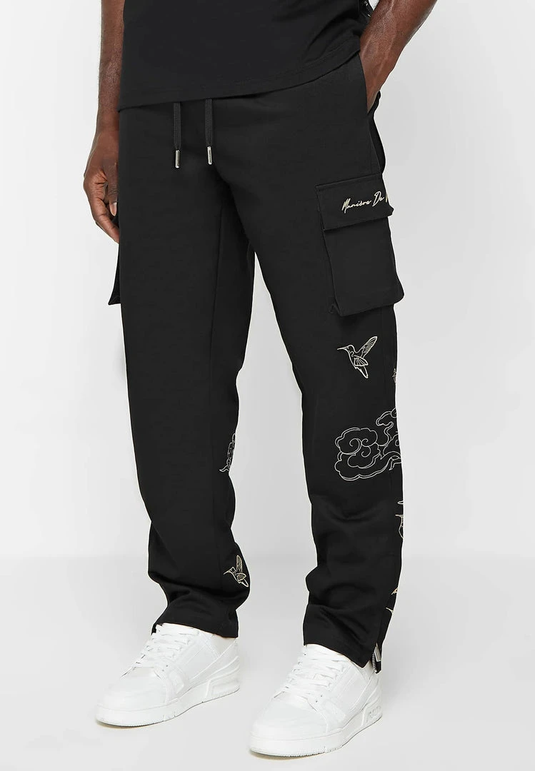 Man Casual Trousers Birds And Clouds Cargo Pants - Black