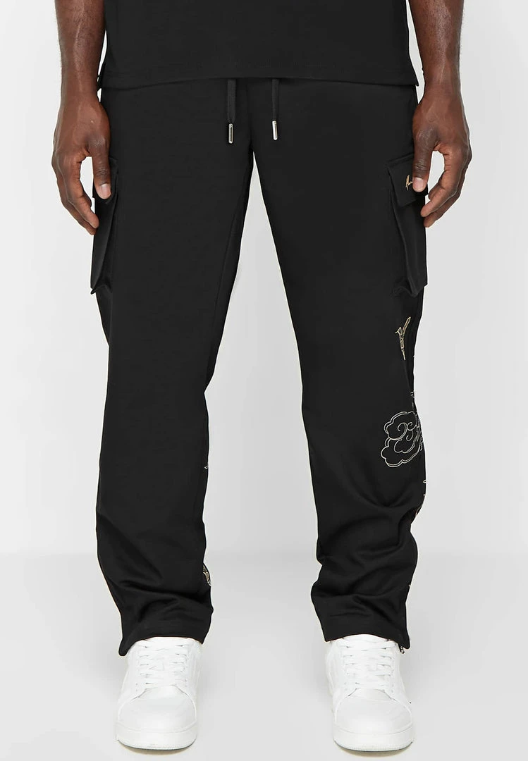 Man Casual Trousers Birds And Clouds Cargo Pants - Black