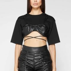 Woman Tops Bustier Crop T-Shirt - Black TOPS & T SHIRTS