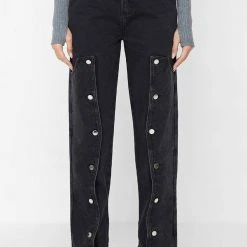 Woman Denim Button Down Overlay Mom Jeans - Black