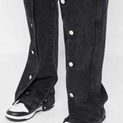 Woman Denim Button Down Overlay Mom Jeans - Black