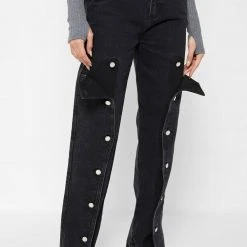 Woman Denim Button Down Overlay Mom Jeans - Black