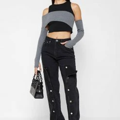 Woman Denim Button Down Overlay Mom Jeans - Black