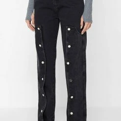 Woman Denim Button Down Overlay Mom Jeans - Black