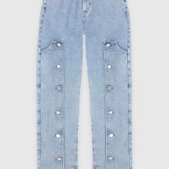 Woman Denim Button Down Overlay Mom Jeans - Mid Blue