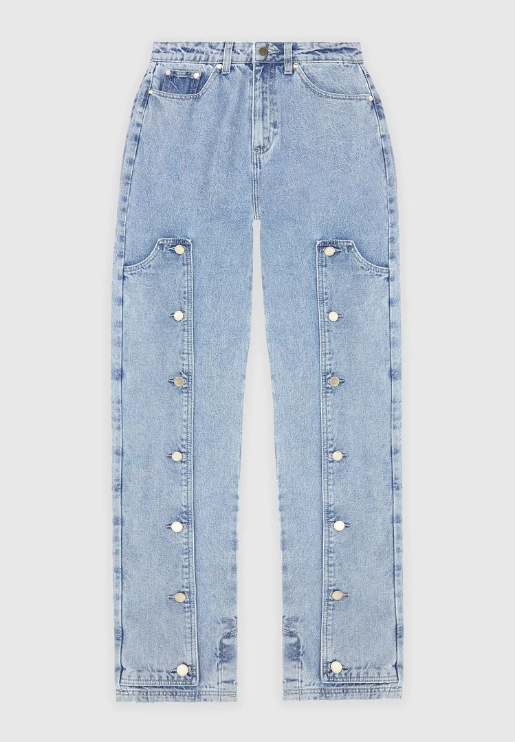 Woman Denim Button Down Overlay Mom Jeans - Mid Blue