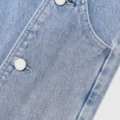 Woman Denim Button Down Overlay Mom Jeans - Mid Blue