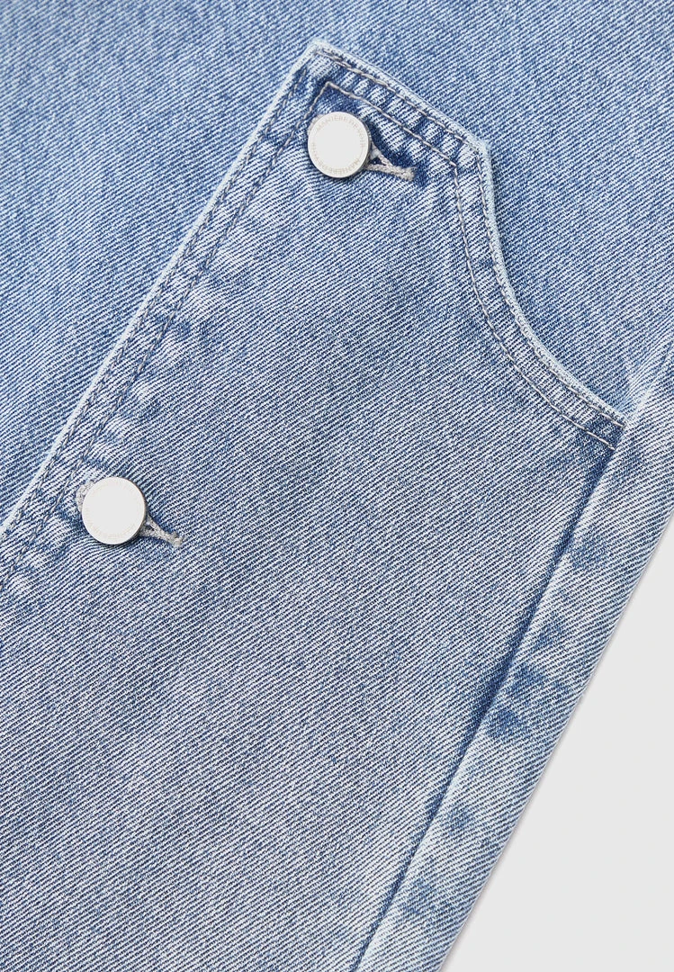 Woman Denim Button Down Overlay Mom Jeans - Mid Blue