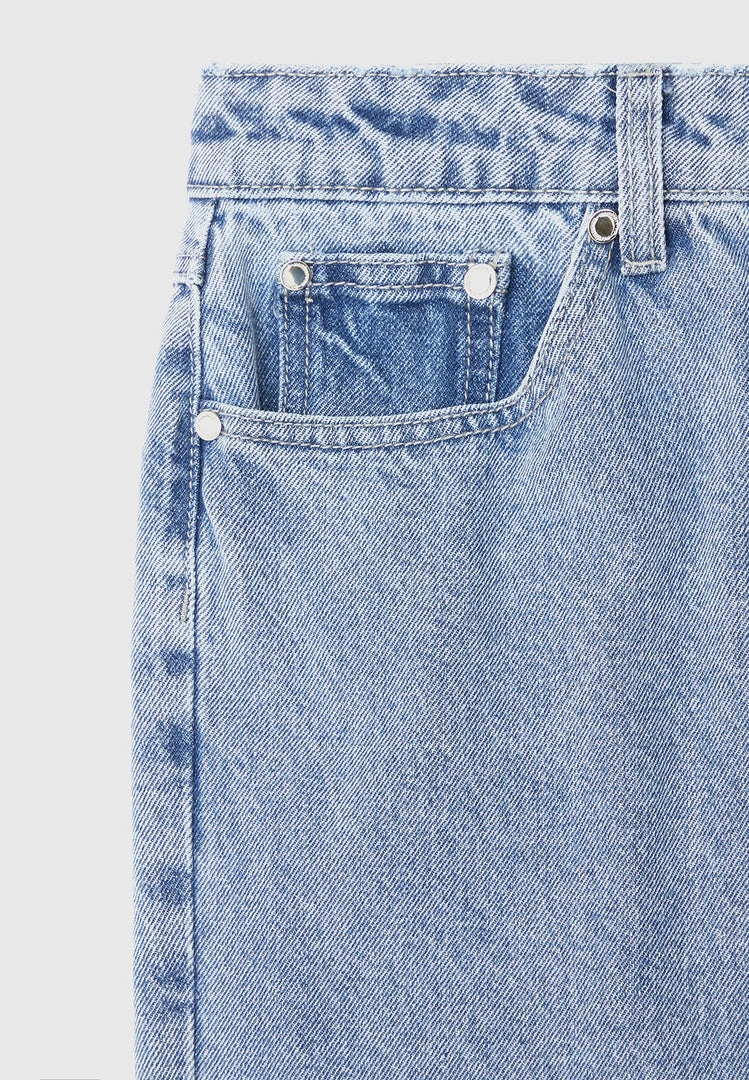 Woman Denim Button Down Overlay Mom Jeans - Mid Blue