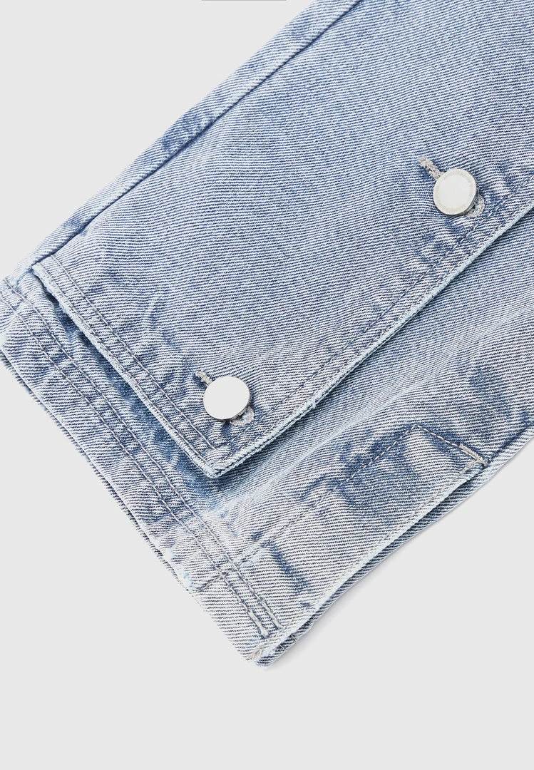 Woman Denim Button Down Overlay Mom Jeans - Mid Blue