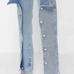 Woman Denim Button Down Overlay Mom Jeans - Mid Blue