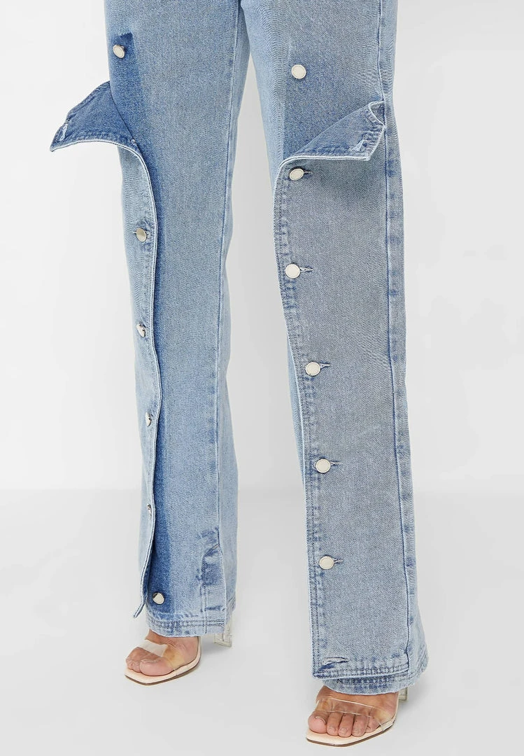 Woman Denim Button Down Overlay Mom Jeans - Mid Blue