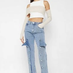 Woman Denim Button Down Overlay Mom Jeans - Mid Blue