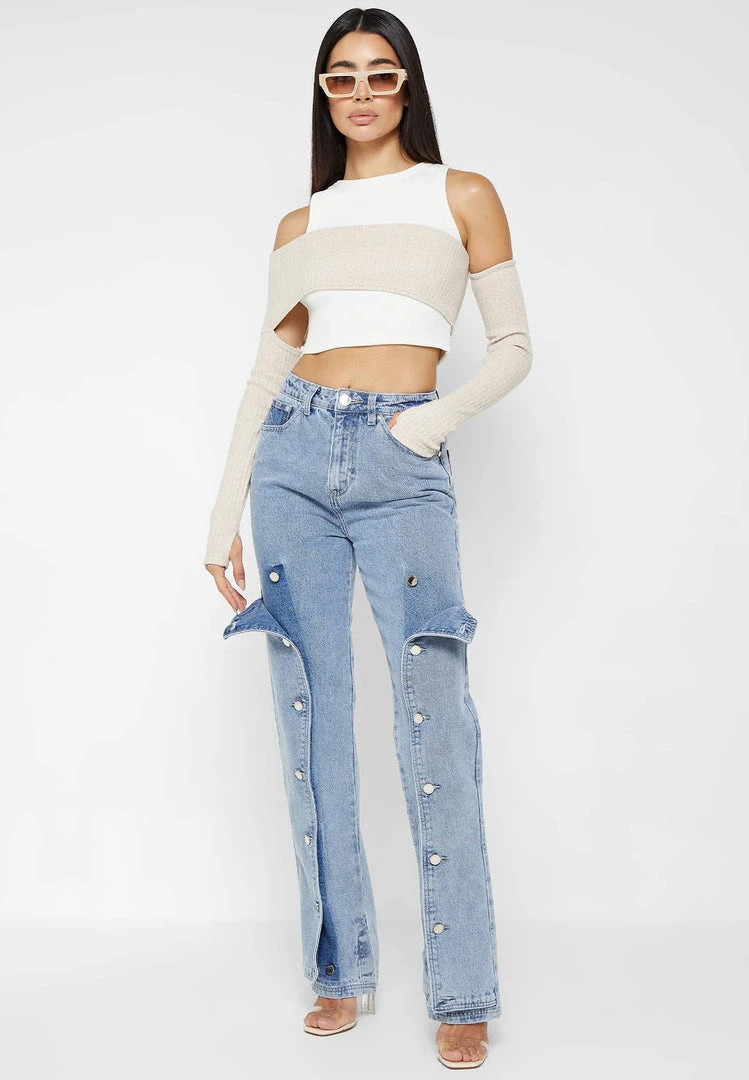 Woman Denim Button Down Overlay Mom Jeans - Mid Blue