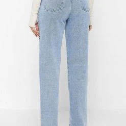 Woman Denim Button Down Overlay Mom Jeans - Mid Blue