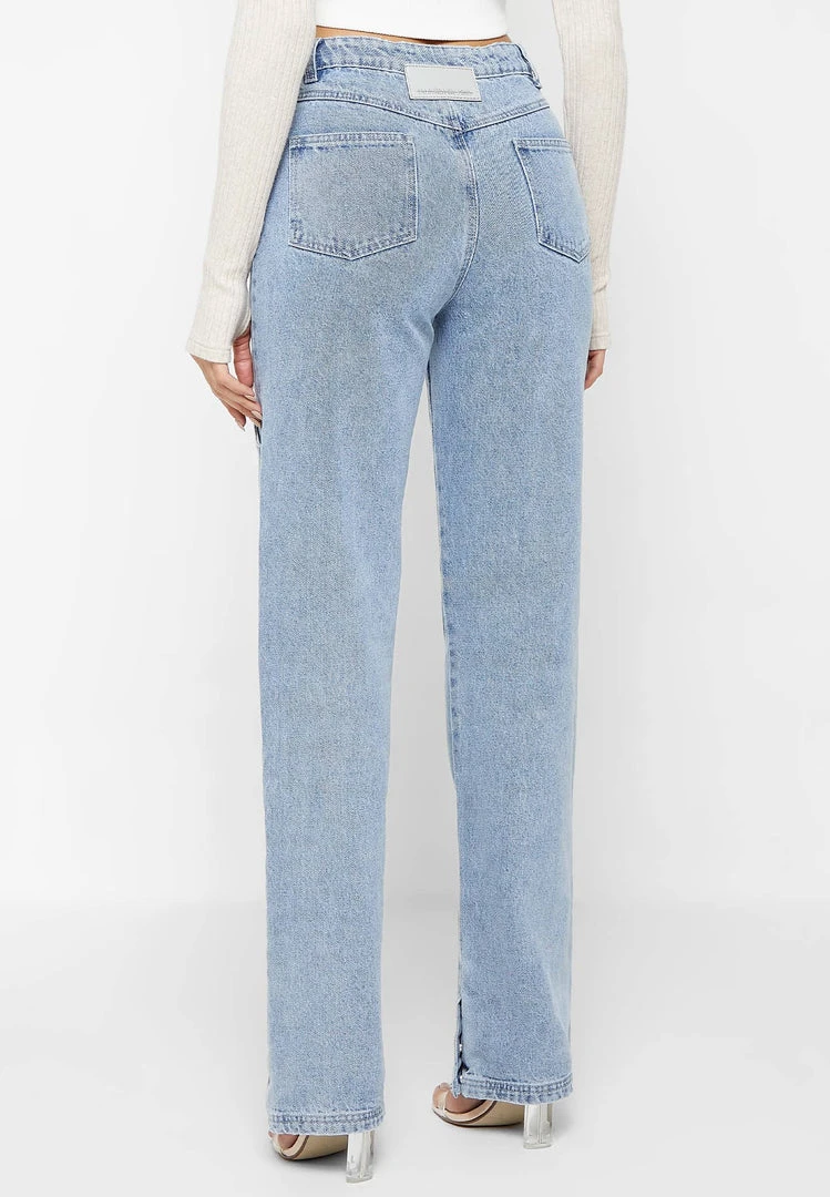 Woman Denim Button Down Overlay Mom Jeans - Mid Blue