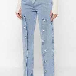 Woman Denim Button Down Overlay Mom Jeans - Mid Blue