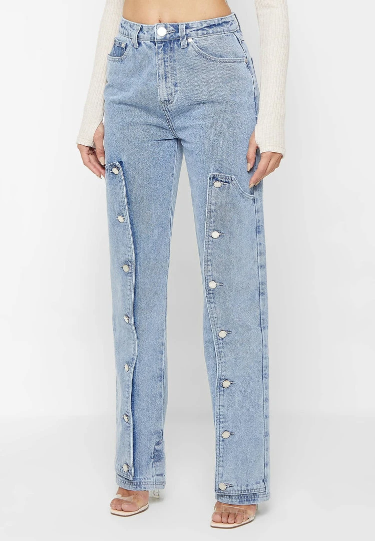 Woman Denim Button Down Overlay Mom Jeans - Mid Blue