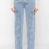 Woman Denim Button Down Overlay Mom Jeans - Mid Blue