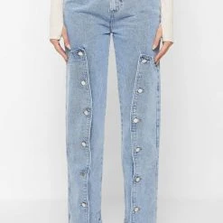 Woman Denim Button Down Overlay Mom Jeans - Mid Blue