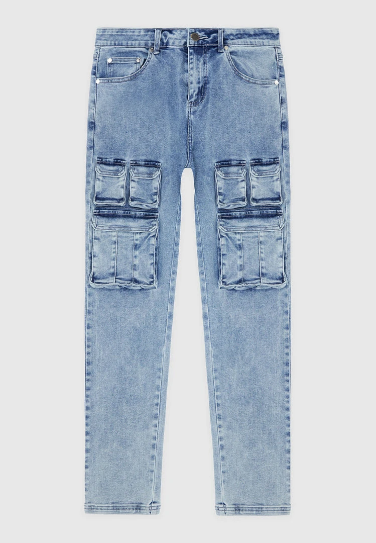 Man Denim Cargo Pocket Jeans - Stonewash Blue